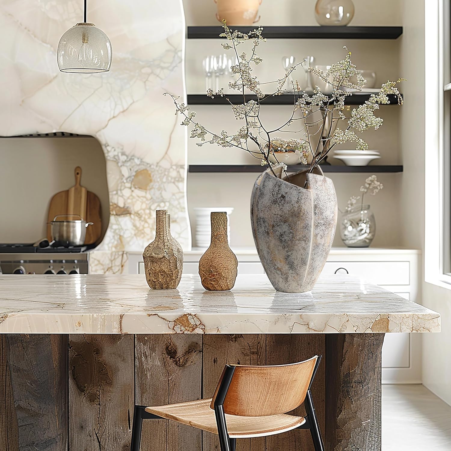 LuxenHome 12" Tall Stoneware Table Vase Modern Marble Textured White Irregular Vases Rustic Flower Vase Unique Home Decor Pottery for Living Room Entryway Table Centerpieces, Kitchen, Shelf, Gifts