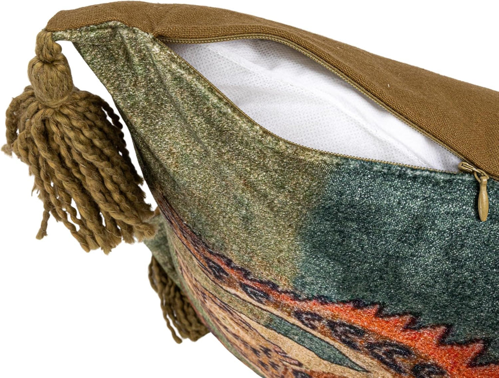 Creative Co-Op Cotton Velvet Blend Tiger Lumbar Pillow with Tassels, Multicolor