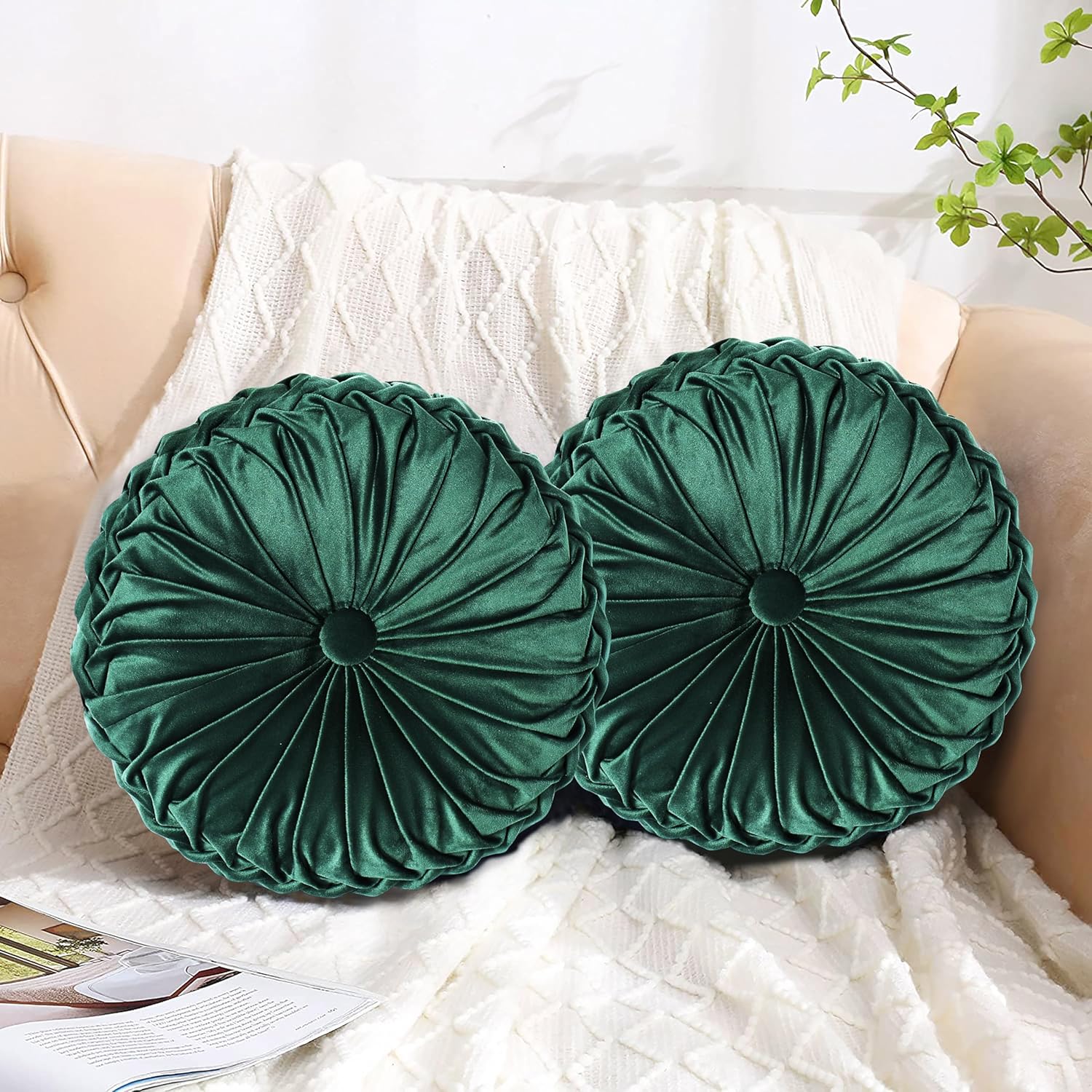 HIG Set of 2 Decorative Round Pleated Throw Pillows, Classy Accent Pumpkin Throw Pillows with Center Button, Vintage Velvet Floor Pillows for Sofa Couch Vanity Chair Bed, Olive, 14.5" Diameter(Ripple)