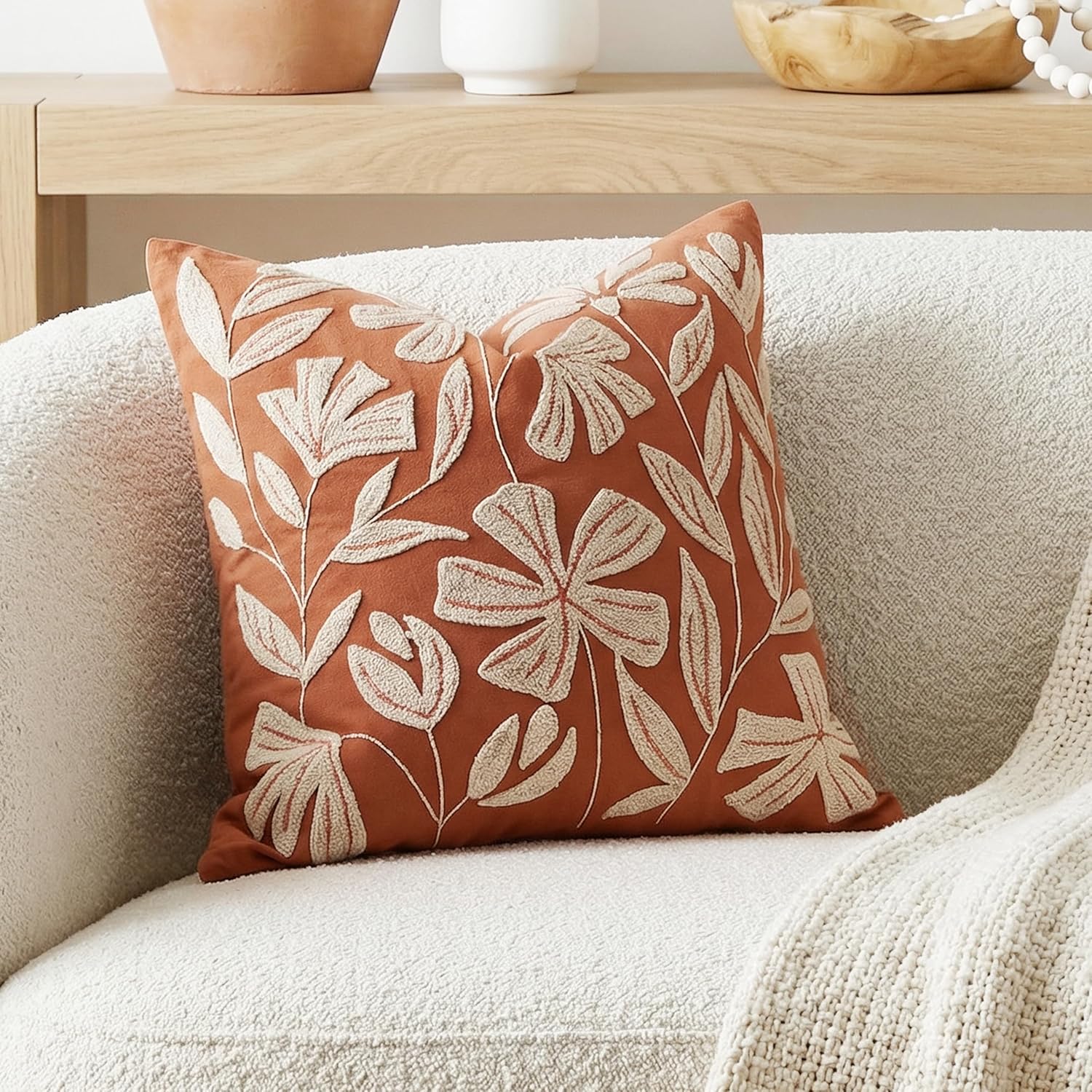 BlissBlush 14x36 Lumbar Pillow Cover for Bed, Brick Red Rectangular Long Throw Pillowcase, Embroidered Velvet Floral Tufted Farmhouse Accent Cushion (Cover Only)