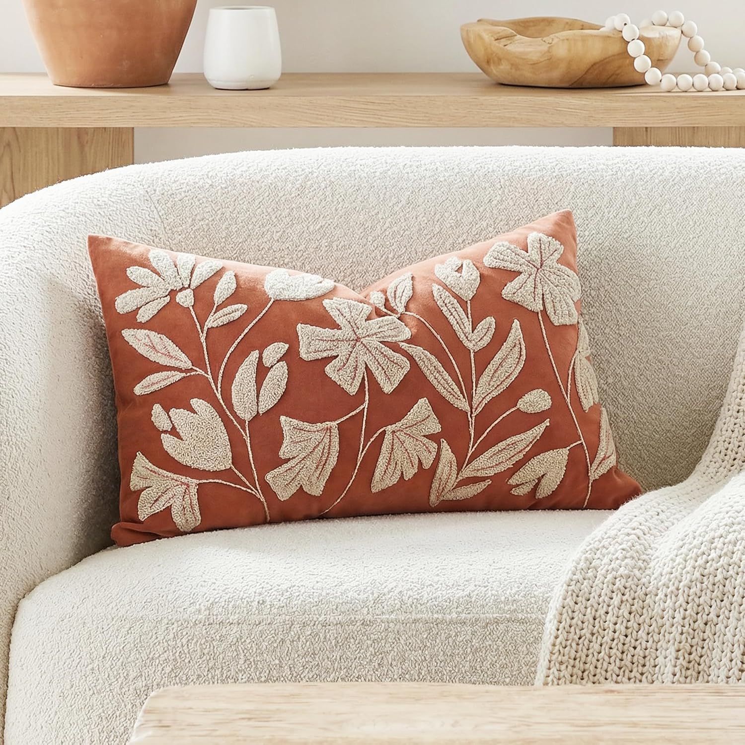 BlissBlush 14x36 Lumbar Pillow Cover for Bed, Brick Red Rectangular Long Throw Pillowcase, Embroidered Velvet Floral Tufted Farmhouse Accent Cushion (Cover Only)